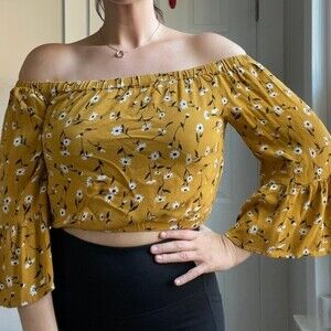 Bleuh Ciel Off the shoulder floral crop top yellow bell sleeve size M boho